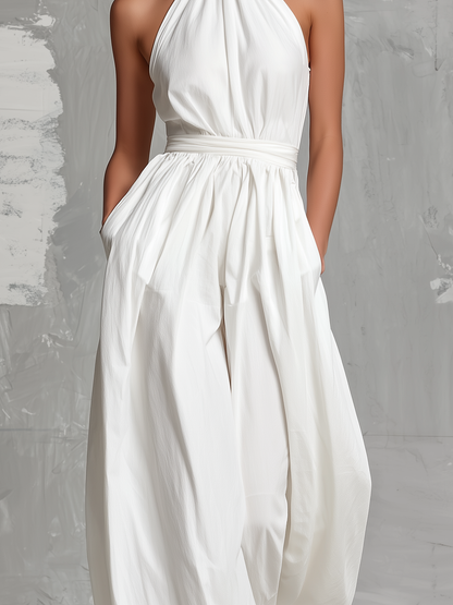 Combinación elegante blanca tejida, sin mangas, con cuello halter