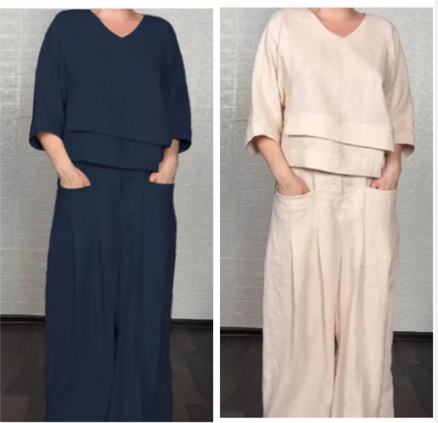 Liza - Conjunto de algodón y lona de 2 piezas - Top con cuello en V y pantalón de pierna ancha