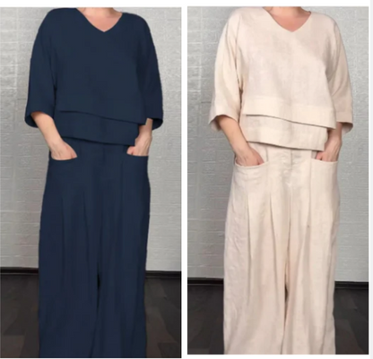 Liza - Conjunto de algodón y lona de 2 piezas - Top con cuello en V y pantalón de pierna ancha
