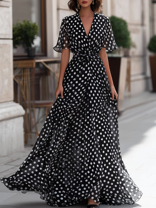 Abito Maxi in Chiffon a Pois con Scollatura a V