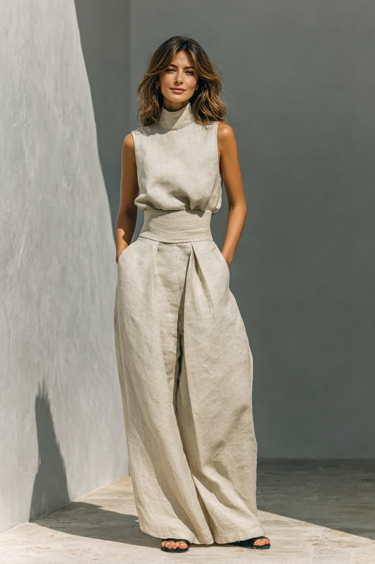 María - Completo di top e pantaloni larghi in cotone e lino minimalista per donna