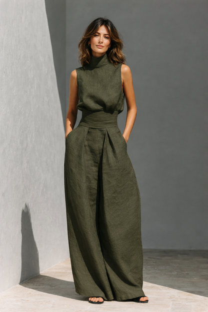 María - Completo di top e pantaloni larghi in cotone e lino minimalista per donna