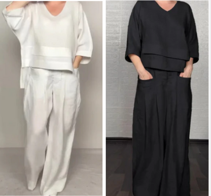 Liza - Conjunto de algodón y lona de 2 piezas - Top con cuello en V y pantalón de pierna ancha