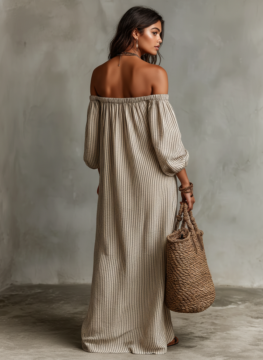 Carmen | Langes Kleid aus Baumwolle und Leinen mit schulterfreiem Design