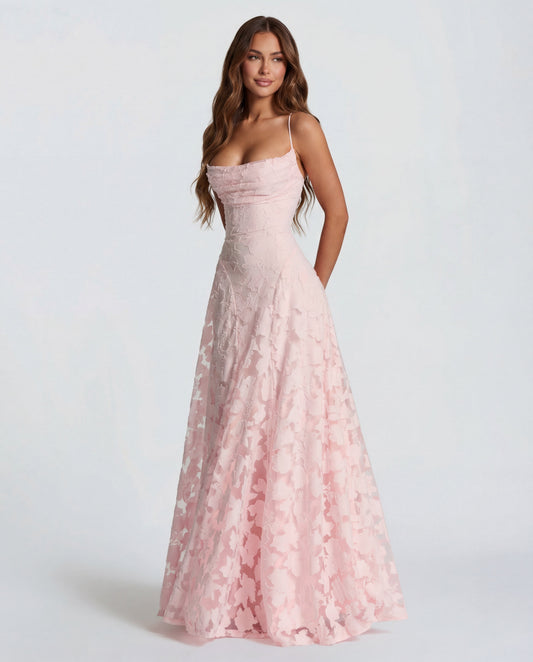 Sofia | Abito Maxi in Pizzo Floreale con Spalline a Spaghetti e Scollo Dritto