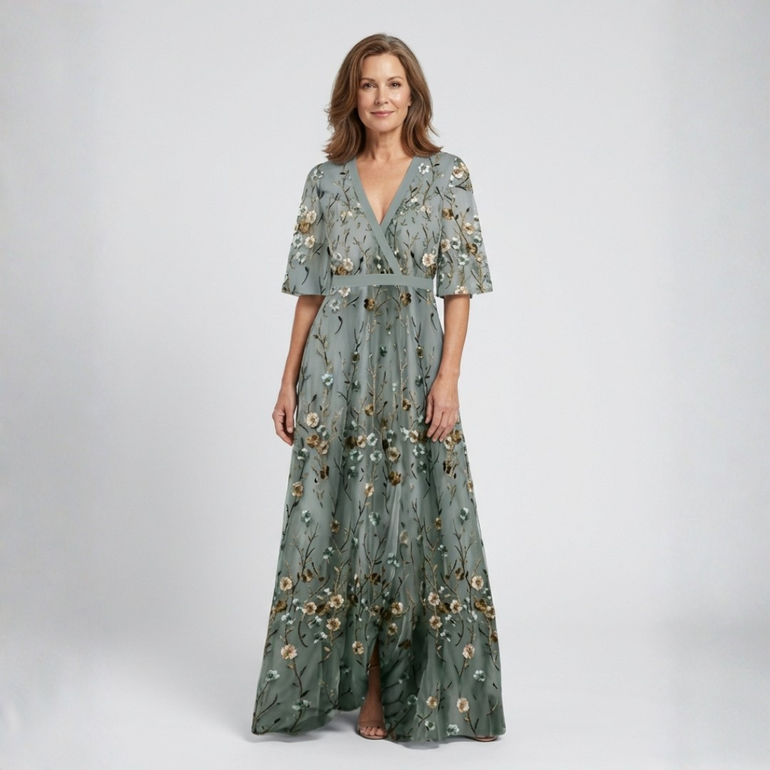 Élodie – Vestito lungo con fiori e scollatura a V