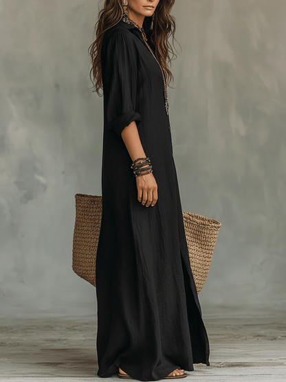 Soline™ | Abito Maxi Nero Oversize con Bottoni