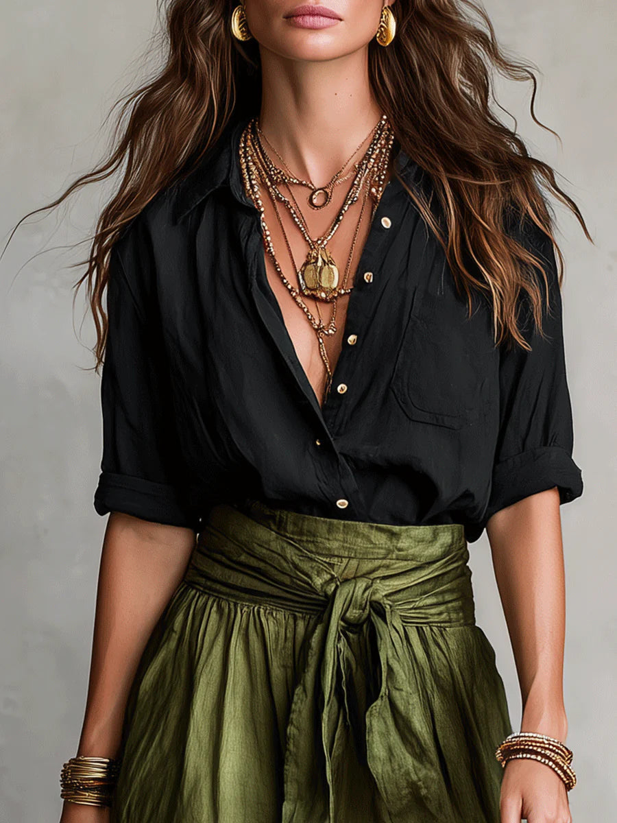 Vera™ | Set a Due Pezzi: Top Nero e Gonna Midi Verde Oliva