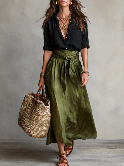 Vera™ | Set a Due Pezzi: Top Nero e Gonna Midi Verde Oliva