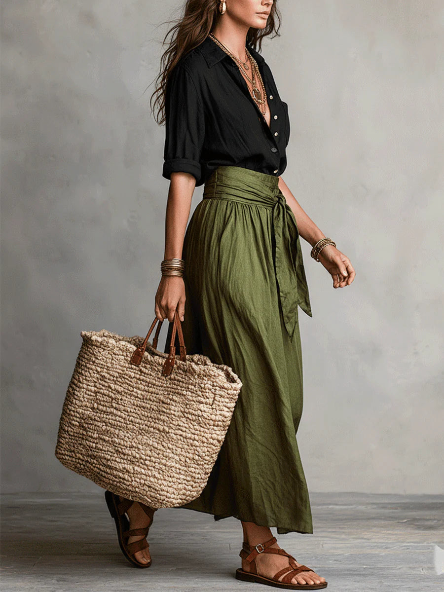 Vera™ | Set a Due Pezzi: Top Nero e Gonna Midi Verde Oliva