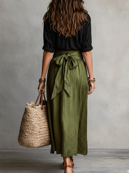 Vera™ | Set a Due Pezzi: Top Nero e Gonna Midi Verde Oliva