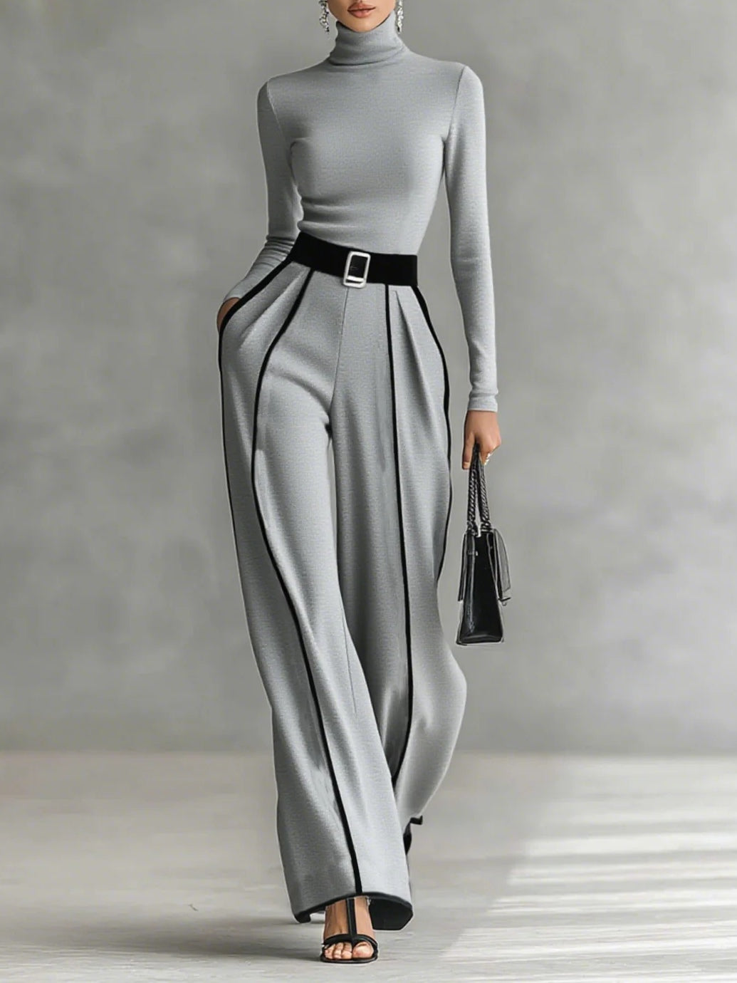 Solana - Completo a Maniche Lunghe con Collo Alto e Pantaloni a Gamba Larga con Cintura