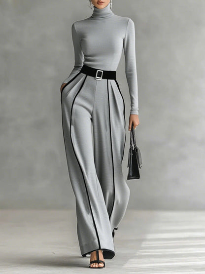 Solana - Completo a Maniche Lunghe con Collo Alto e Pantaloni a Gamba Larga con Cintura