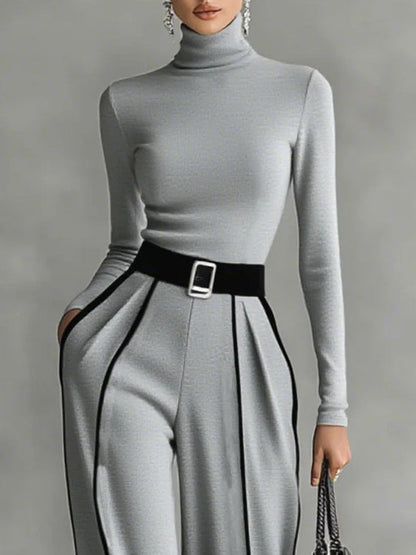 Solana - Completo a Maniche Lunghe con Collo Alto e Pantaloni a Gamba Larga con Cintura