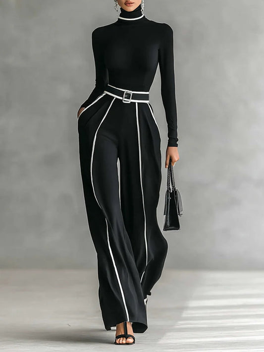Solana - Completo a Maniche Lunghe con Collo Alto e Pantaloni a Gamba Larga con Cintura