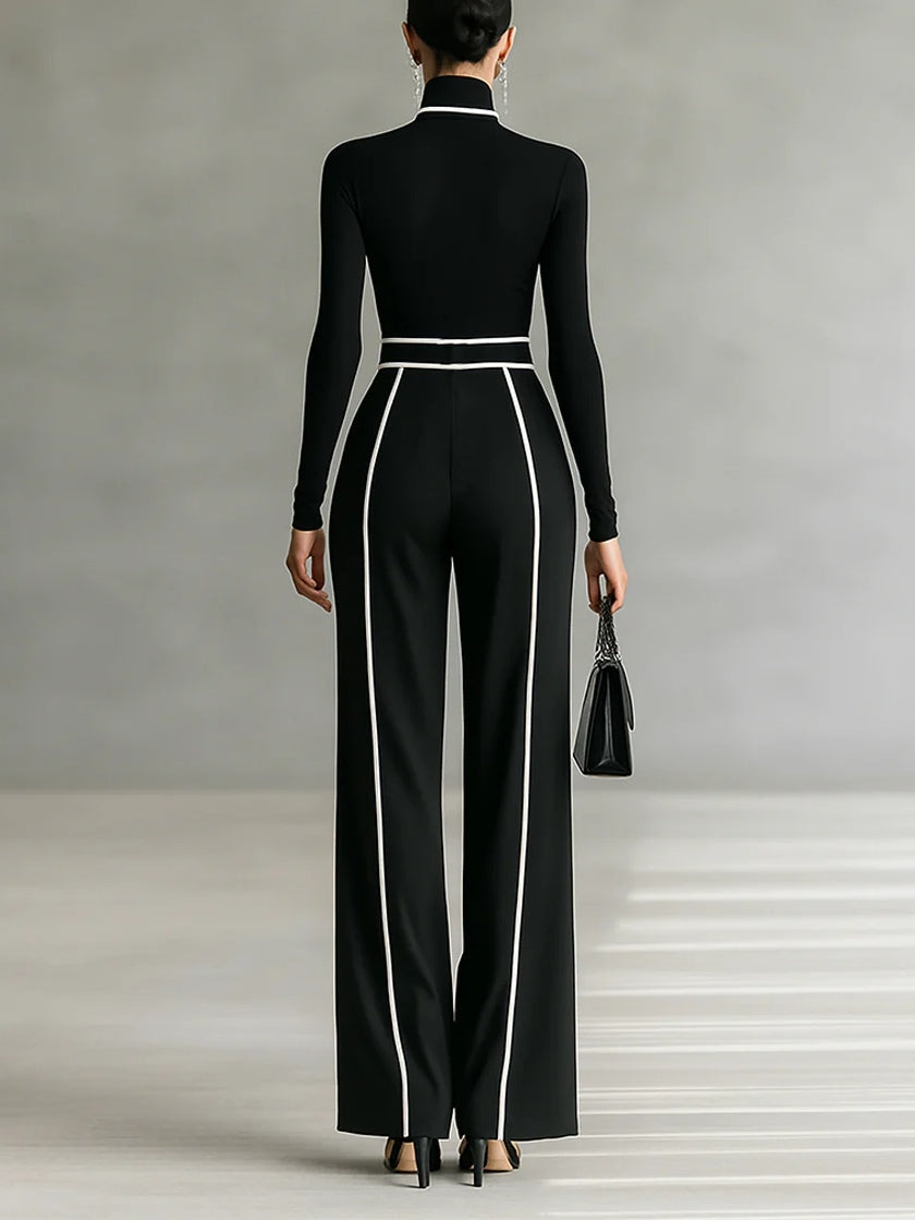 Solana - Completo a Maniche Lunghe con Collo Alto e Pantaloni a Gamba Larga con Cintura