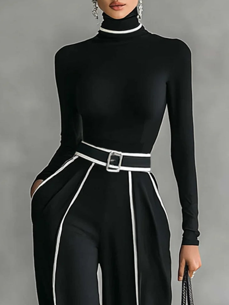 Solana - Completo a Maniche Lunghe con Collo Alto e Pantaloni a Gamba Larga con Cintura