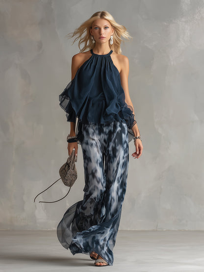 Lilla – conjunto elegante de gasa con una blusa de cuello alto y pantalones de pierna ancha con estampado