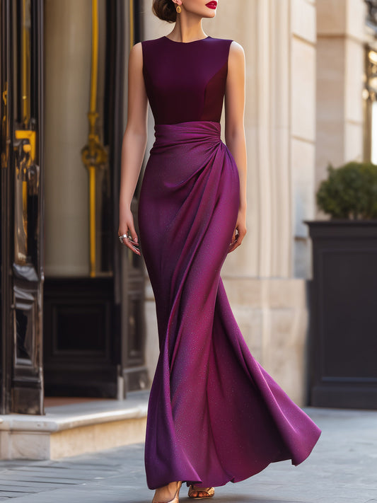 Abito Maxy Elegante Senza Maniche con Vita Arricciata