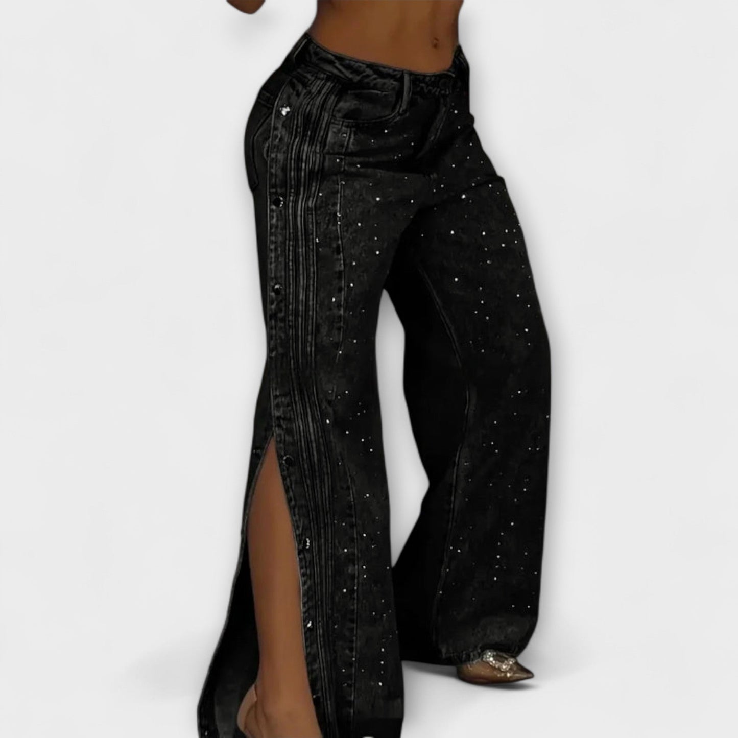Nola - Jeans de Cintura Alta con Decoraciones de Strass y Botones Laterales