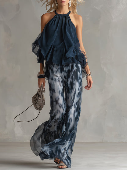 Lilla – conjunto elegante de gasa con una blusa de cuello alto y pantalones de pierna ancha con estampado