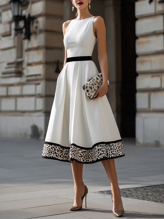 Abito Midi A-Line con Orlo Leopardato e Vita a Contrasto