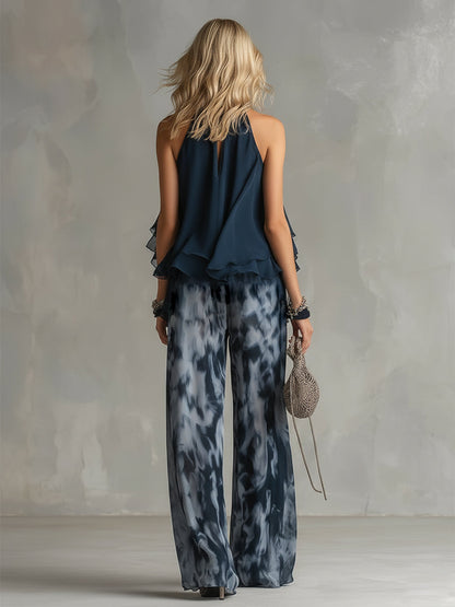 Lilla – conjunto elegante de gasa con una blusa de cuello alto y pantalones de pierna ancha con estampado