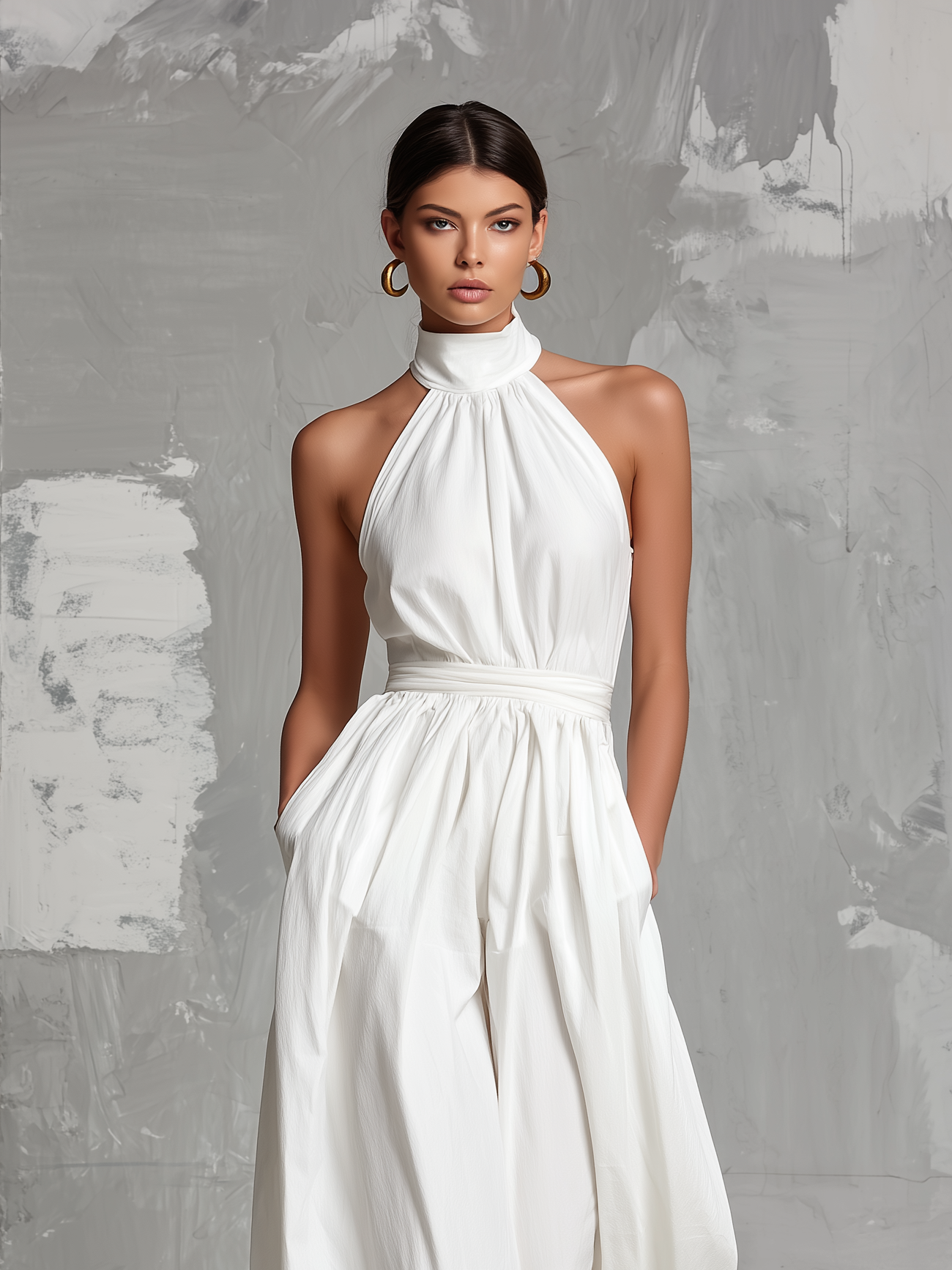 Combinación elegante blanca tejida, sin mangas, con cuello halter