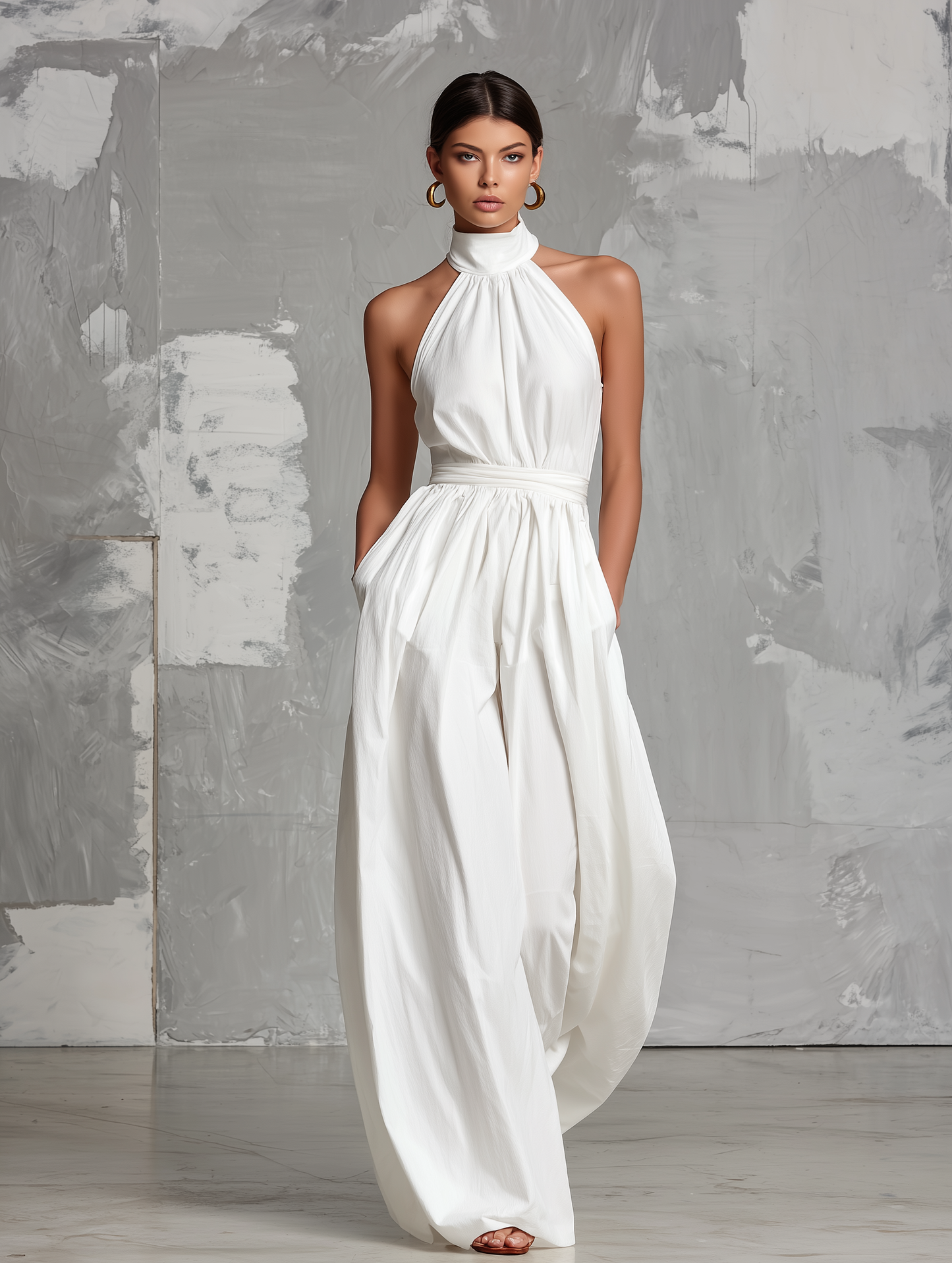 Combinación elegante blanca tejida, sin mangas, con cuello halter
