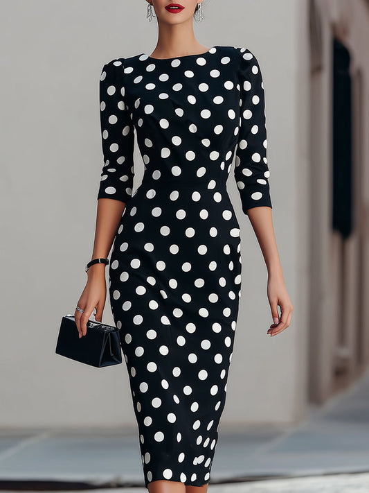 Abito Midi Sheath a Pois Bianco e Nero