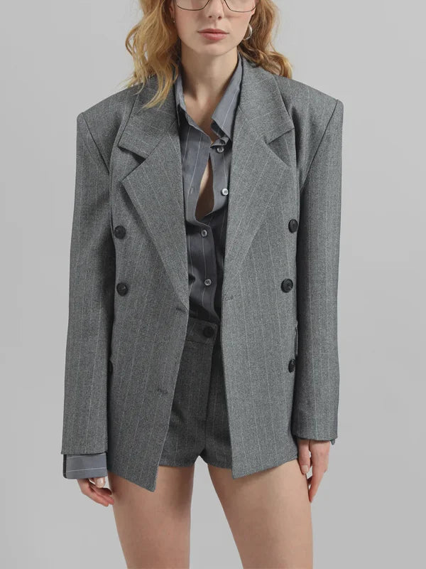 Sofia | Blazer Gris Rayado con Cintura