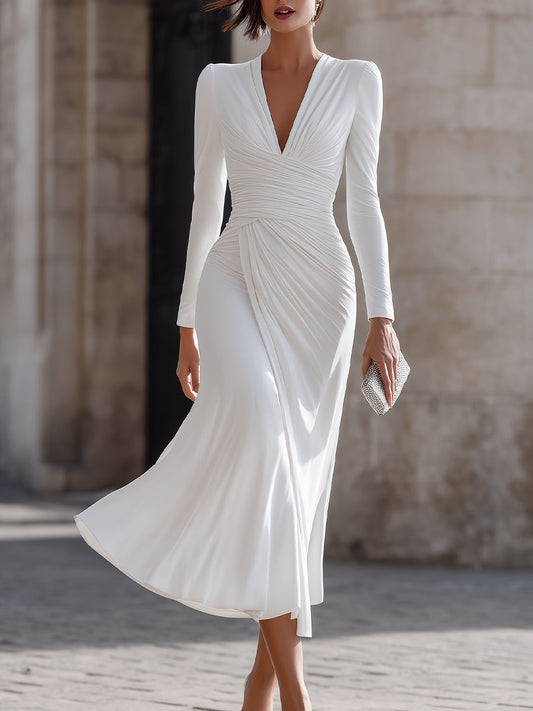 Abito Midi a Maniche Lunghe con Scollo a V Plissettato