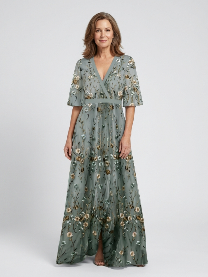 Élodie – Vestito lungo con fiori e scollatura a V