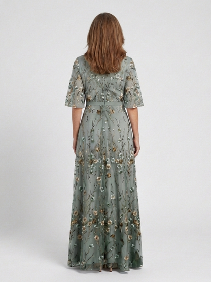 Élodie – Vestito lungo con fiori e scollatura a V