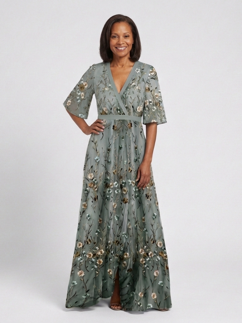 Élodie – Vestito lungo con fiori e scollatura a V