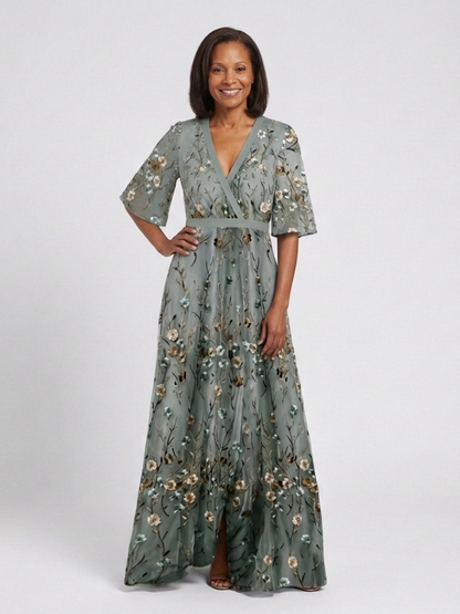 Élodie – Vestito lungo con fiori e scollatura a V
