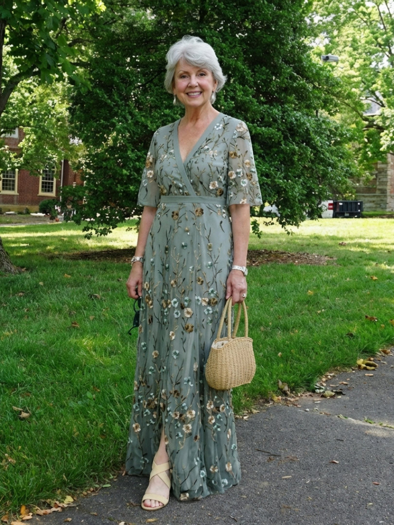 Élodie – Vestito lungo con fiori e scollo a V