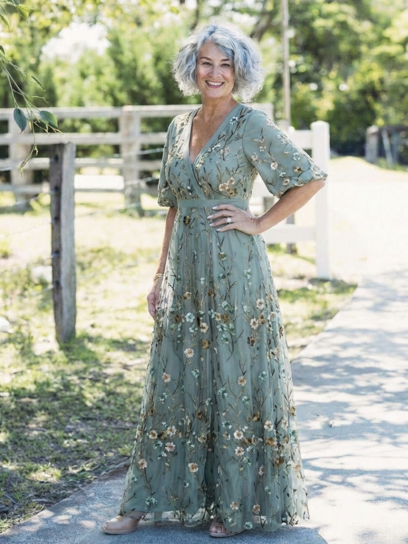 Élodie – Vestito lungo con fiori e scollatura a V