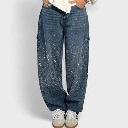 Julia - Jeans Carpintero de Globo a la Moda con Brillos