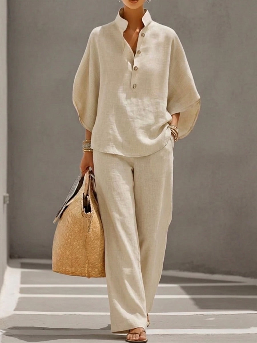 Eszter™ | Conjunto de algodón y lienzo con mangas murciélago y pantalón de pierna ancha