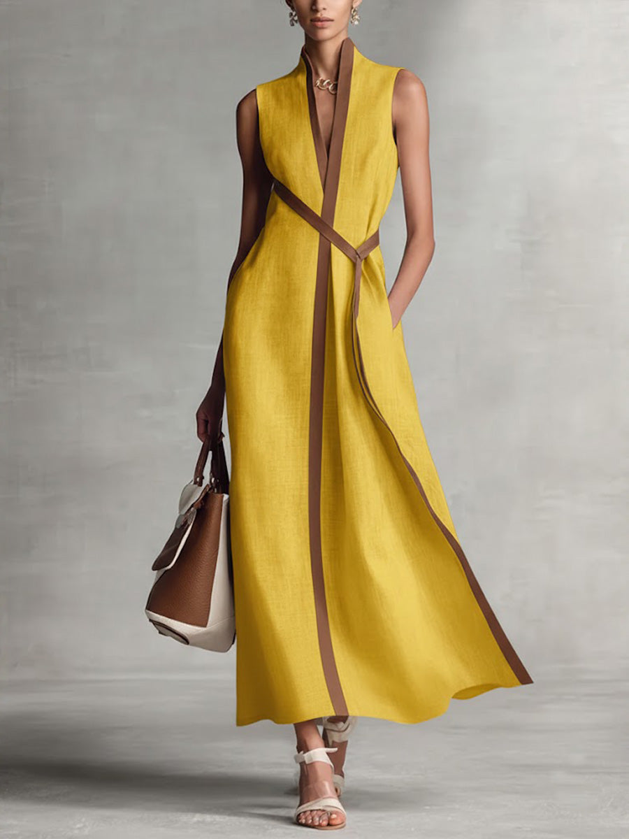 Abito Midi in Lino con Collo Alto