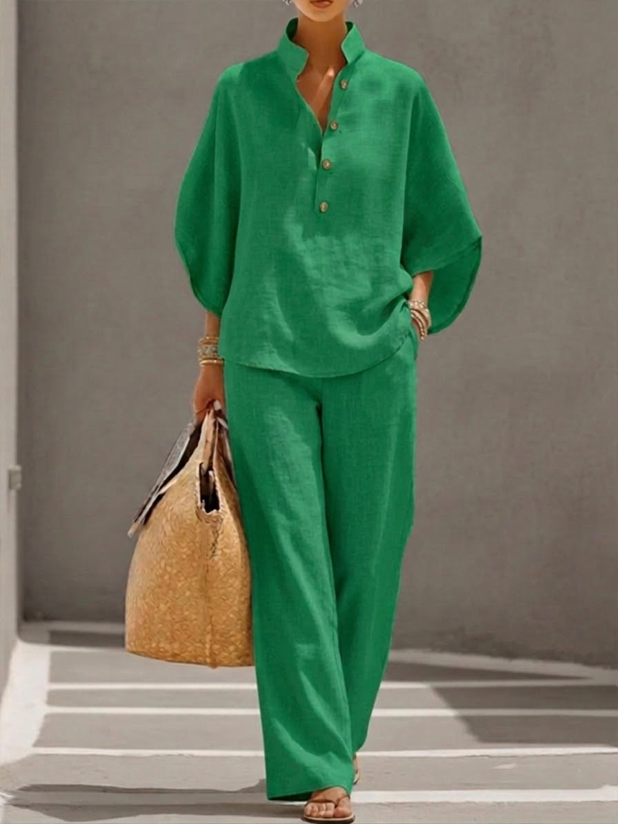 Eszter™ | Conjunto de algodón y lienzo con mangas murciélago y pantalón de pierna ancha