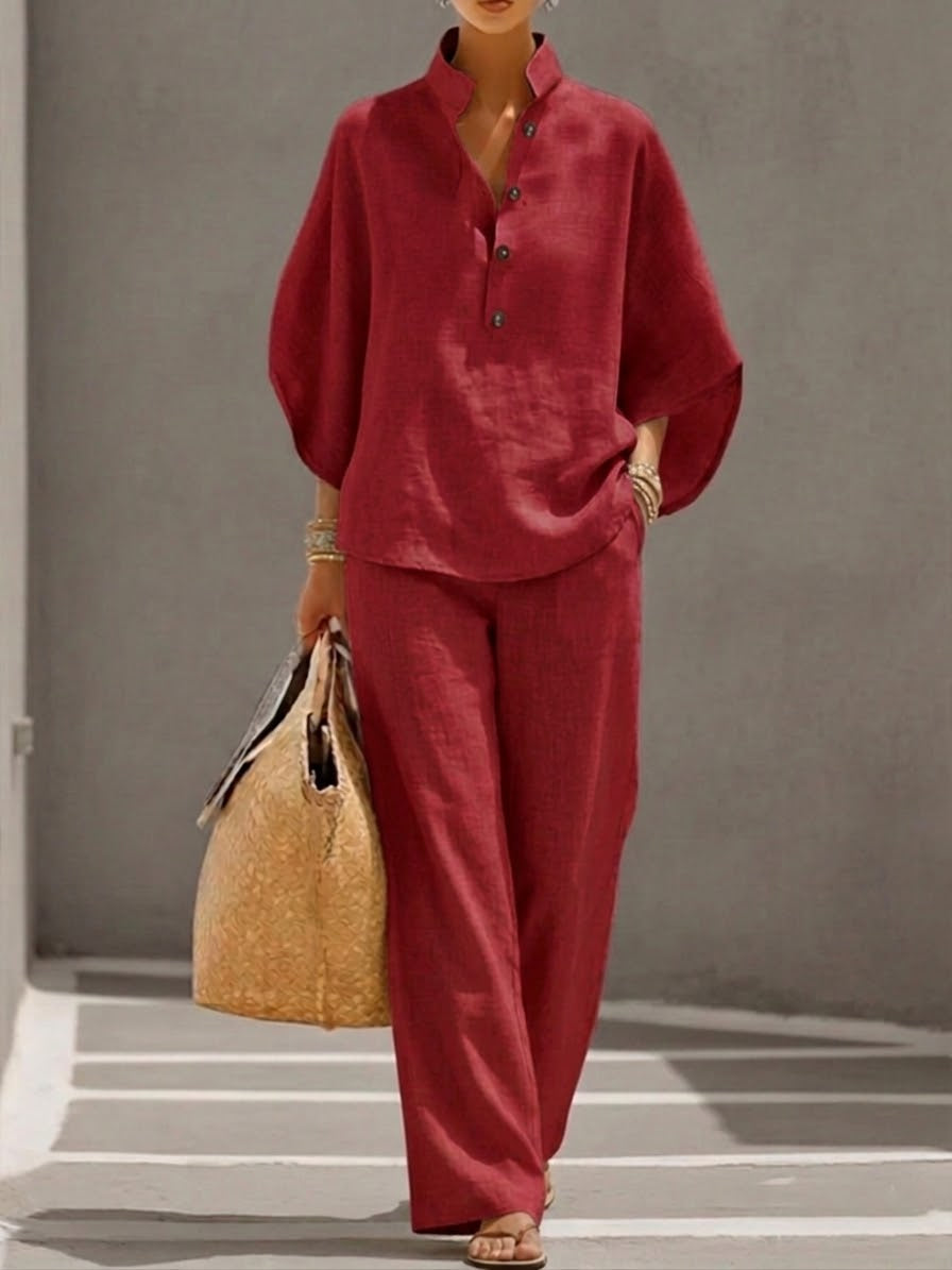 Eszter™ | Conjunto de algodón y lienzo con mangas murciélago y pantalón de pierna ancha