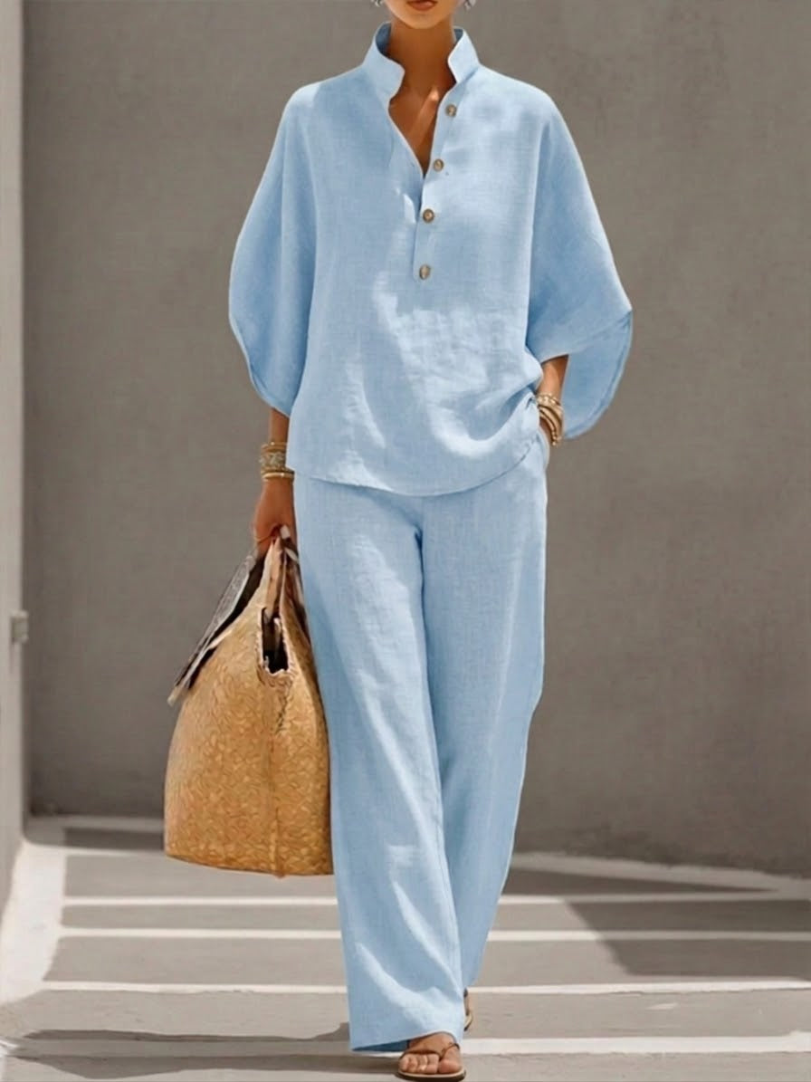 Eszter™ | Conjunto de algodón y lienzo con mangas murciélago y pantalón de pierna ancha
