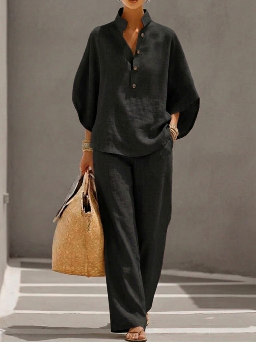 Eszter™ | Conjunto de algodón y lienzo con mangas murciélago y pantalón de pierna ancha