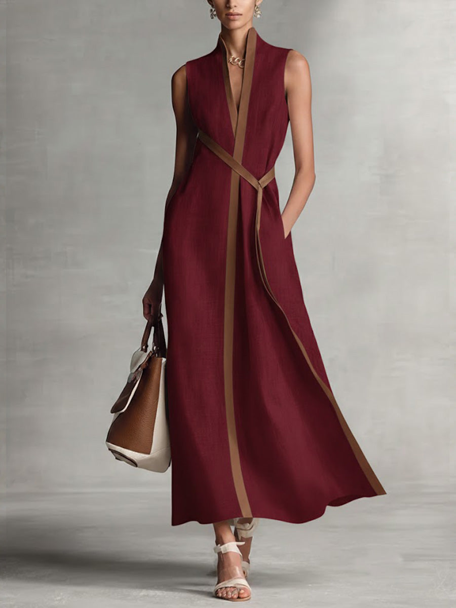 Abito Midi in Lino con Collo Alto