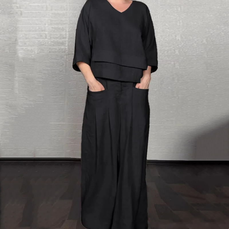 Liza - Conjunto de algodón y lona de 2 piezas - Top con cuello en V y pantalón de pierna ancha