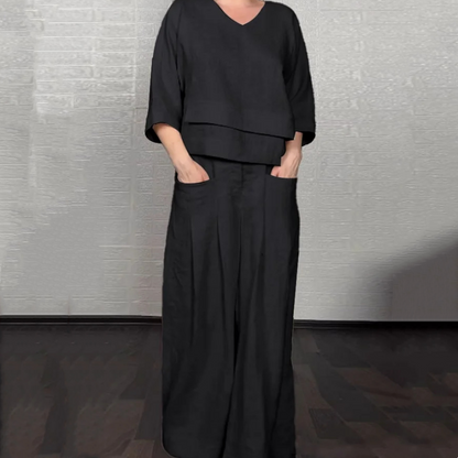 Liza - Conjunto de algodón y lona de 2 piezas - Top con cuello en V y pantalón de pierna ancha