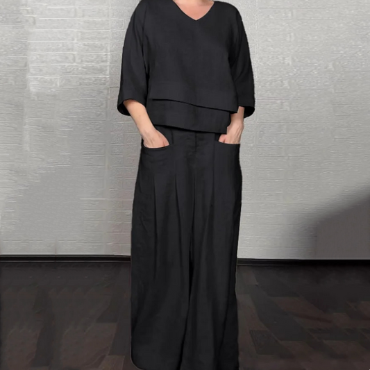 Liza - Conjunto de algodón y lona de 2 piezas - Top con cuello en V y pantalón de pierna ancha
