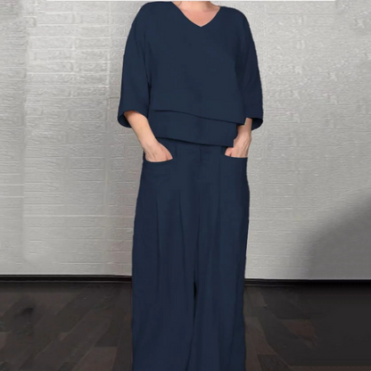 Liza - Conjunto de algodón y lona de 2 piezas - Top con cuello en V y pantalón de pierna ancha